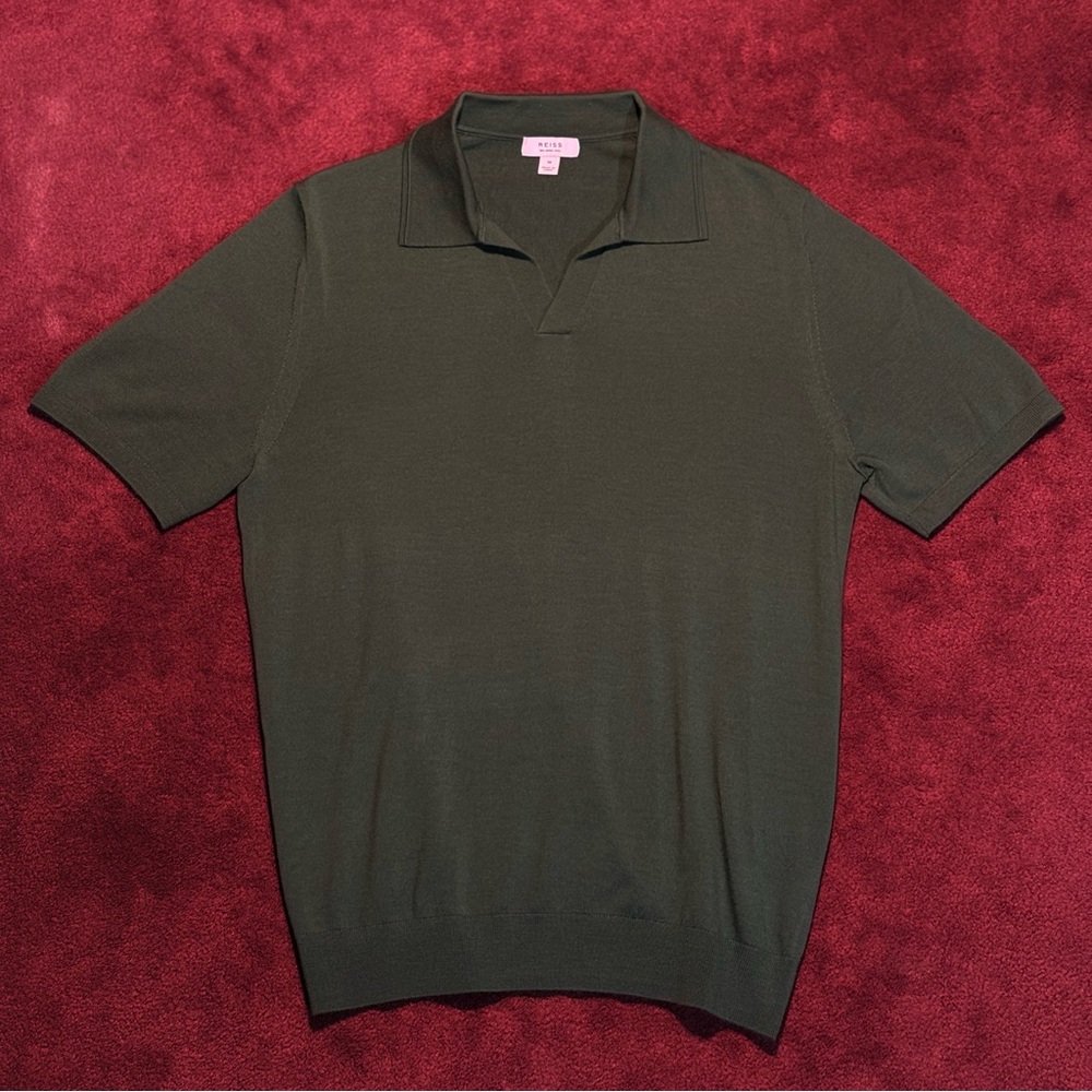 Reiss 100% Merino WOOL Olive Polo Open Collar Shirt